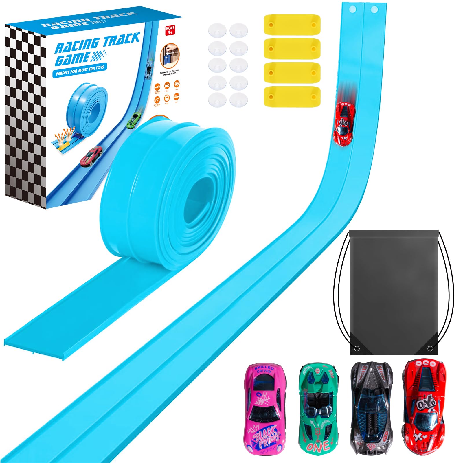 Car Track 4.5m, Flexible Race Track Cars Ramp Track Toy with 4 Alloy Cars and Storage Bag