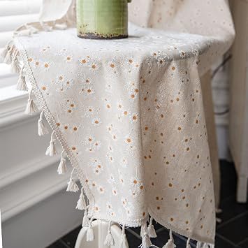 Daisy Boho Curtains for Girls Room Farmhouse Linen Blend Window Drapes for Living Room Kitchen Closet Doorway Rod Pocket Tassel Curtains for Home Decor 1 Panel W59 X L63 Inch