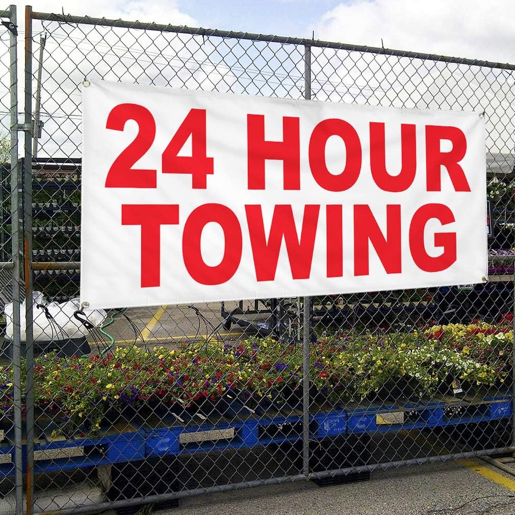 Vinyl Banner Multiple Sizes 24 Hours Towing Red Auto Car Repair Shop Automotive Outdoor Weatherproof Industrial Yard Signs 4 Grommets 16x40Inches