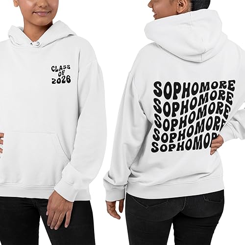 Sophomore Hoodies & Shirts with Class of 2026 Print on Front and Stylish Wave Design on Back - Back to School and Off to University Apparel