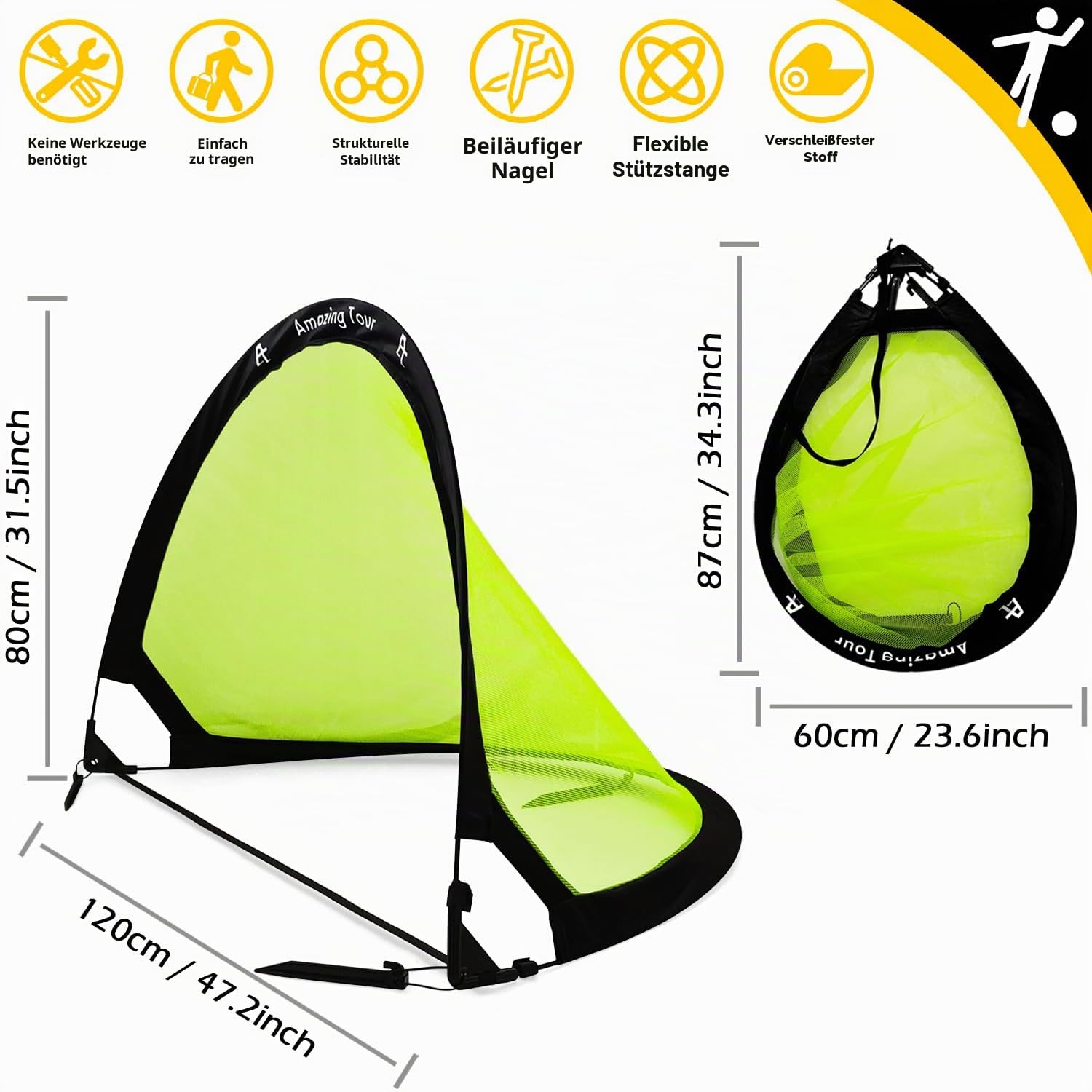 Fußballtor Kinder Pop Up Set, Fußball Tore Faltbar mit Glasfaserstangen & hochwertigen Tornetzen für Indoor, Outdoor & Garten oder Park