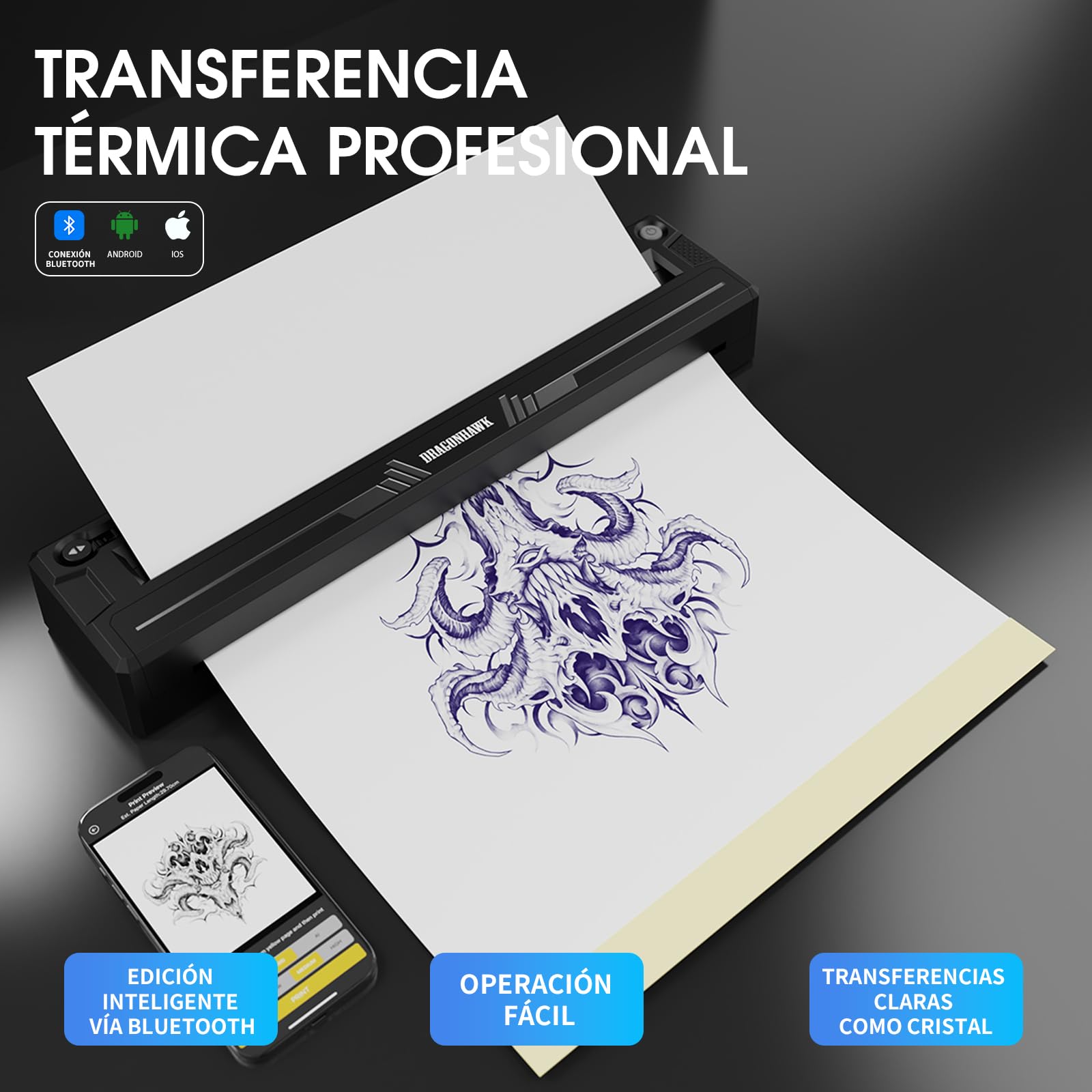 Dragonhawk A4 Impresora Térmica Inalámbrica para Esténciles de Tatuajes Portátil Compatible con Teléfono Tablet PC