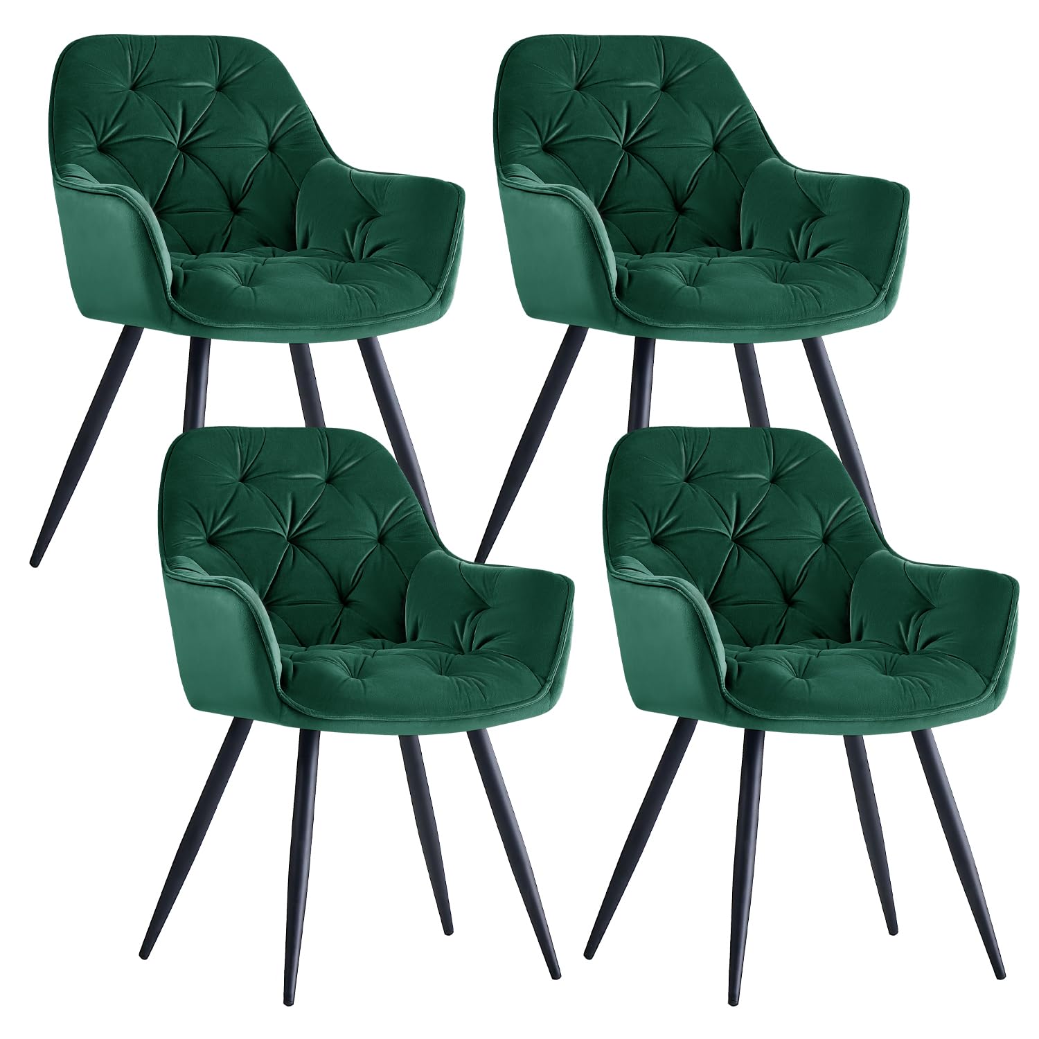 ZOONFA Set of 4 Velvet Dining Chairs Upholstered Kitchen Chairs with Thick Padded High Back Armchair with Black Metal Legs Tub Chair for Dining Room Living Room (Green)