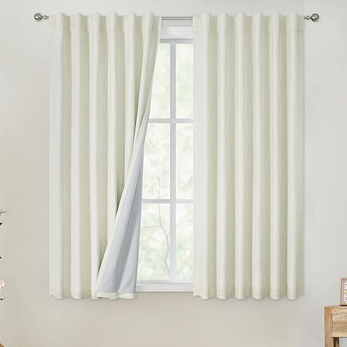 Vision Home Cortinas opacas de color beige de 63 pulgadas para dormitorio, con aislamiento térmico, oscurecimiento de la habitación, juego de