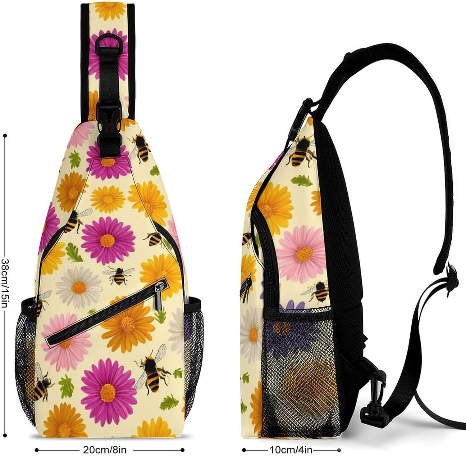 Bee And Floral Men Crossbody Sling Backpack Chest Bag | Travel Fanny Pack,Hiking Daypack,Print Shoulder Bags