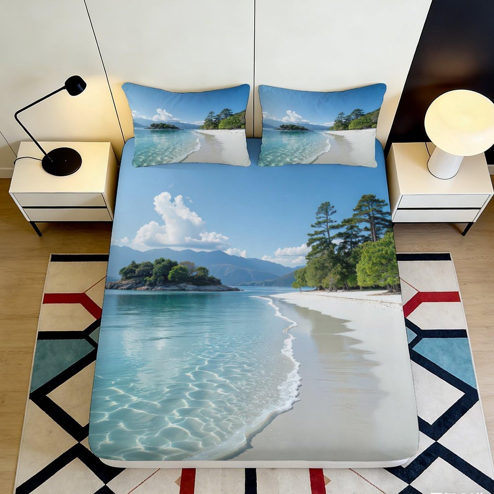 3D Printed Tropical Beach Fitted Sheet Microfiber Soft Breathable Island Ocean Mattress Cover Bedroom Home Decor 90x200x25cm