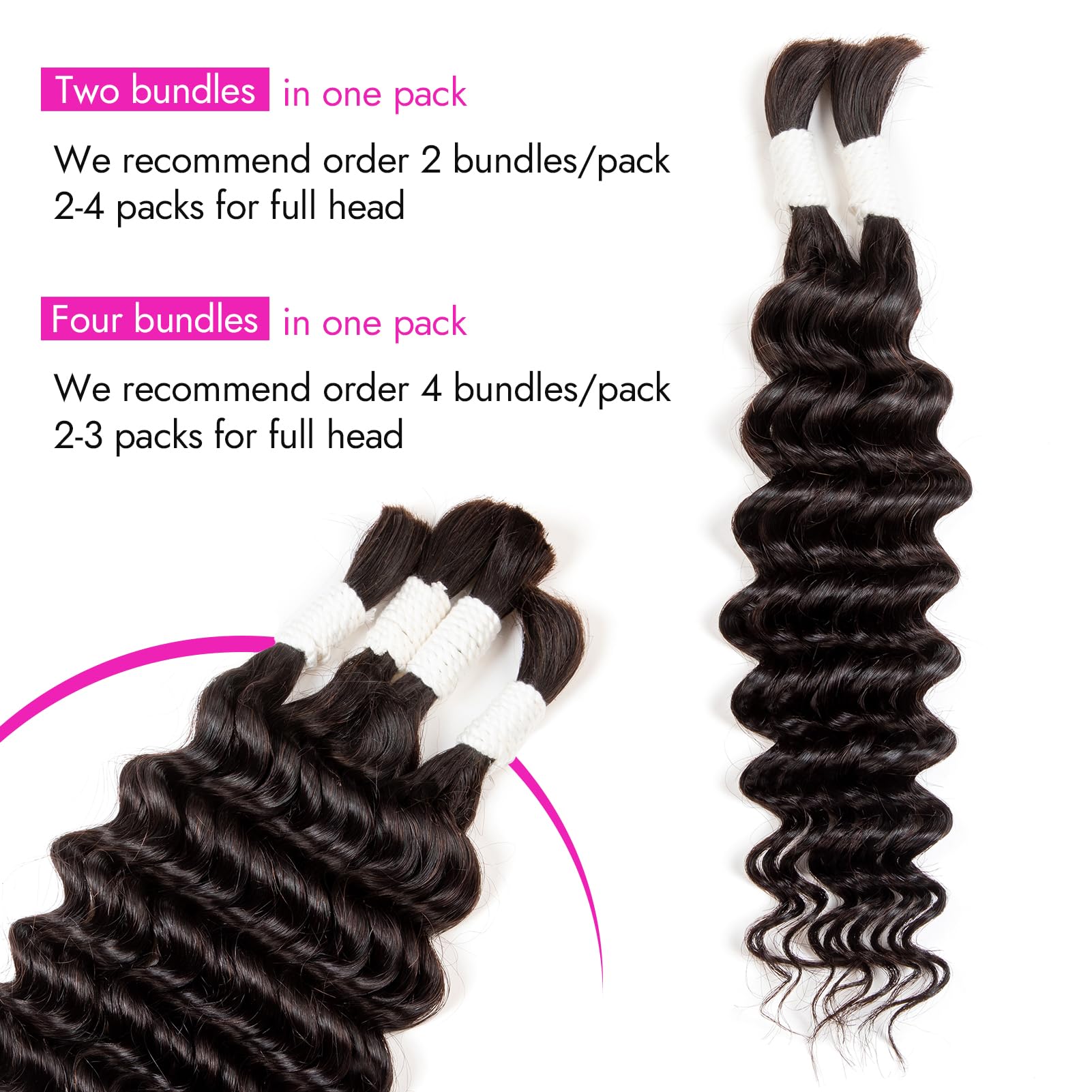 Human Hair Braiding Hair Deep Water Wave 2 Bundles/Pack 50g 16 Inch Natural Color, Bulk Human Hair Braiding Hair for Boho Braids