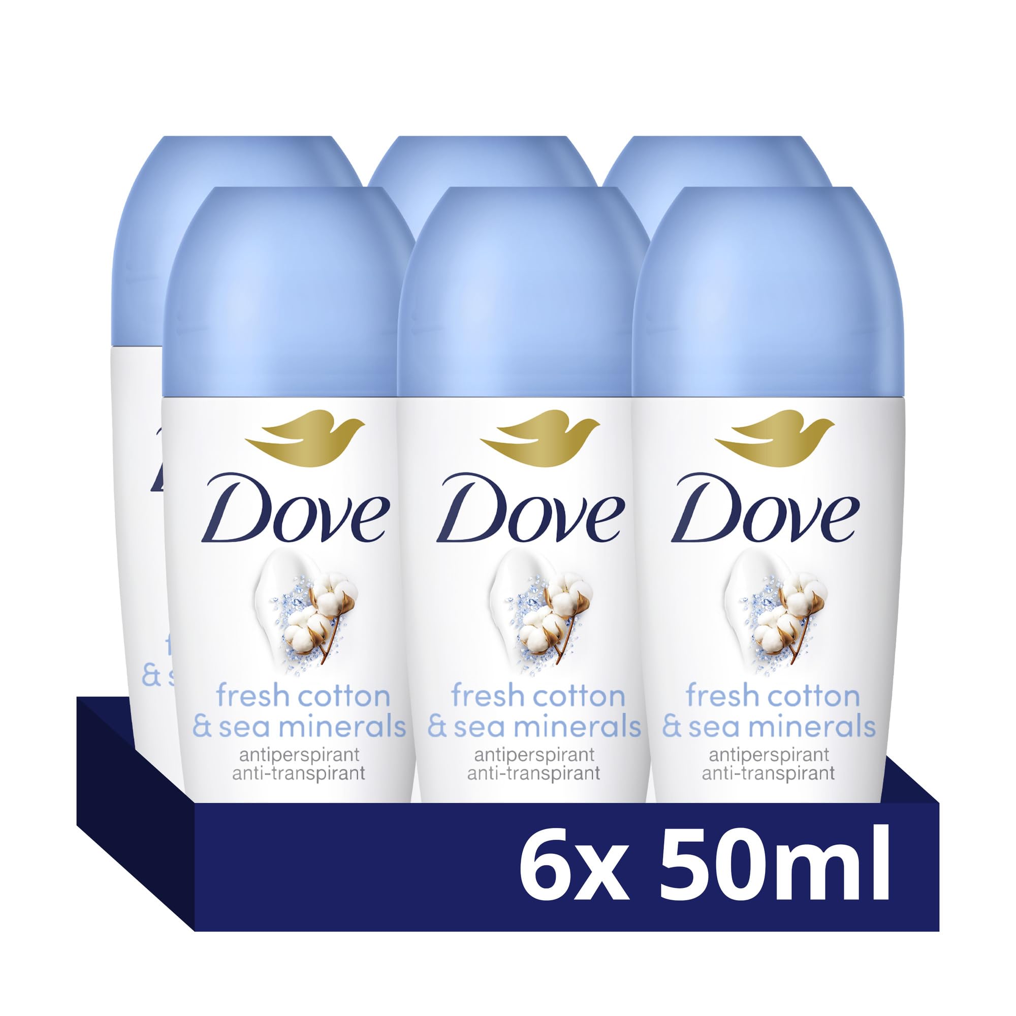 Dove Advanced Care Fresh Cotton & Sea Minerals Anti-Perspirant Roll On with Pro-Ceramide Serum and hyaluronic acid, alcohol free* for 72h sweat protection & odour control 6x 50 ml