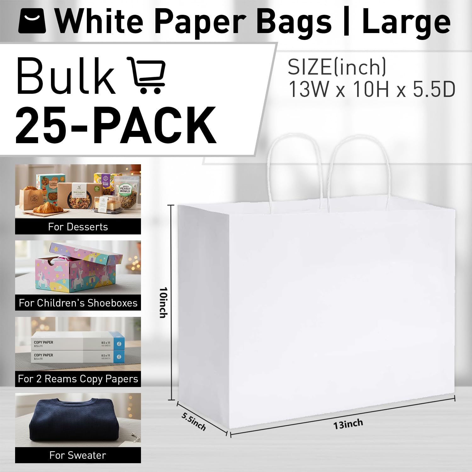 SUNCOLOR White Gift Bags with Handles, Large 13x10x5.5 Inch, 25 Pack, for Birthday, Wedding, Retail, Shopping