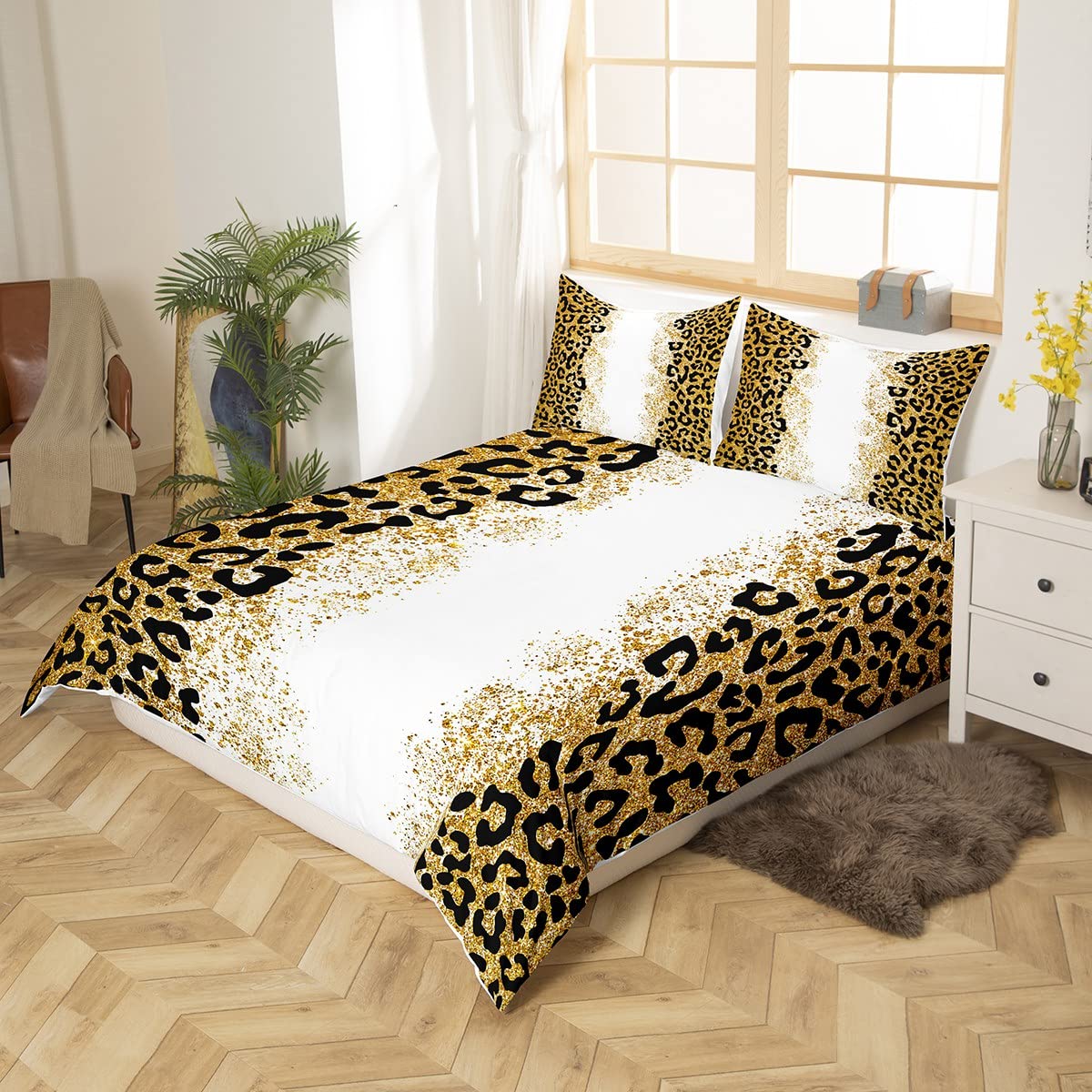 Homemissing Leopard Print Bedding Set Kids Glitter Cheetah Print Comforter Cover Set for Boys Girls Animal Print Duvet Cover Breathable Luxury Golden Bedspread Cover Decor Pastel Quilt Cover Double - Image 2