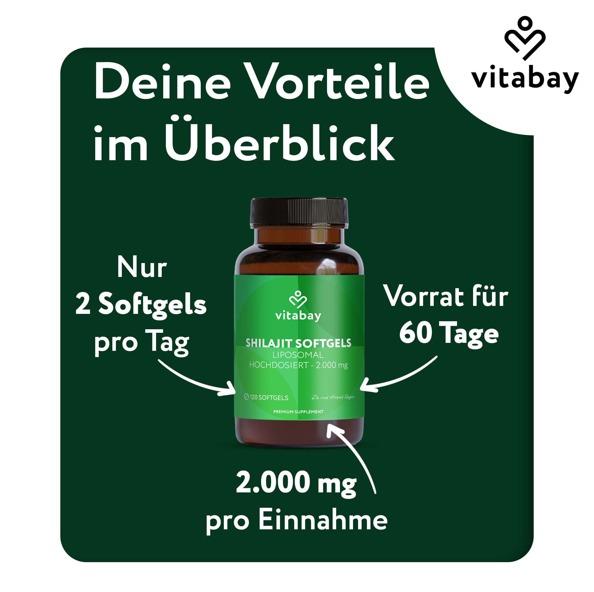 Vitabay Mumijo Shilajit Kapseln – 120 vegane Softgels – hochdosiert mit 2.000 mg liposomalem Shilajit pro Tagesdosis – 80% Fulvinsäure & 12% Huminsäure – laborgeprüft in Deutschland
