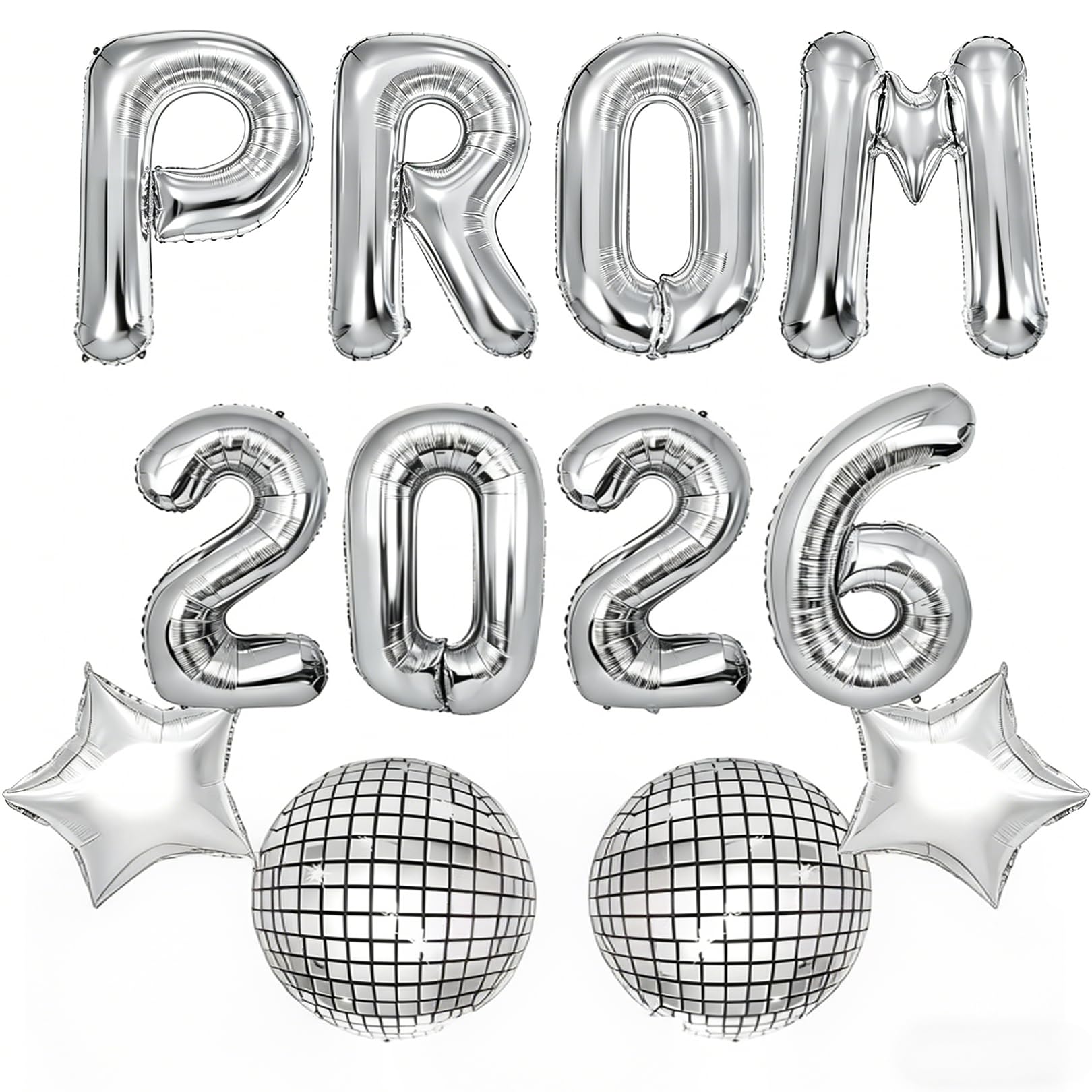 SOPSTUO Prom 2026 Balloons, Prom Decorations 2026 Banner Star Prom Disco Ball Foil Balloons, Graduation Party Decorations for High School College Graduation (silver)