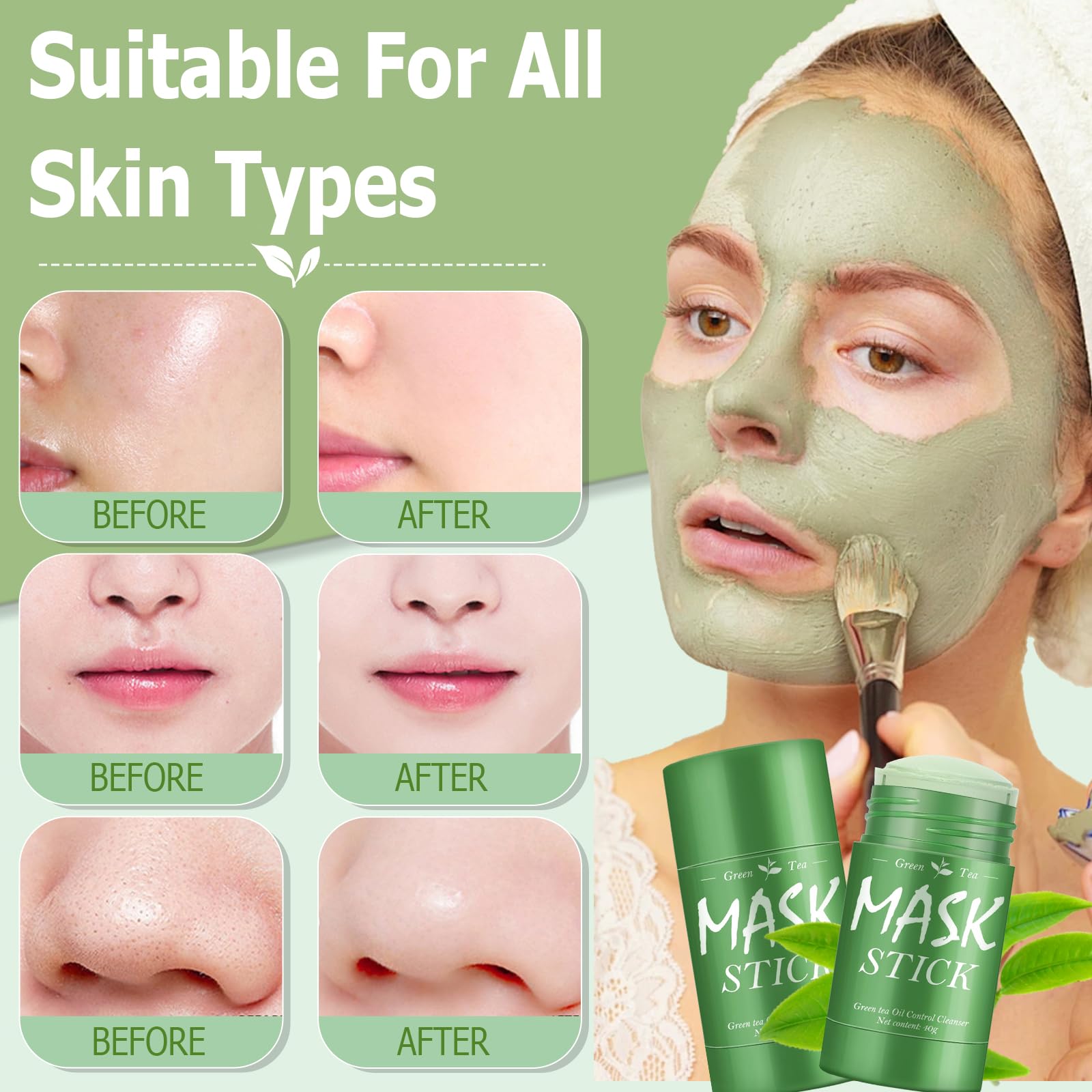 2 opakowania Green Mask Stick,Zielona herbata Oczyszczająca Maska do oczyszczania herbaty, Maska do czyszczenia i głębokiego oczyszczania, głębokie czyszczenie i kontrola oleju, dostosuj równowagę