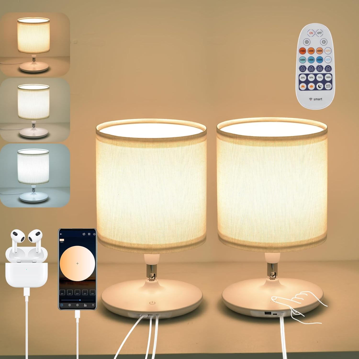 Table Lamps Set of 2 for Living Room Bedroom, Bedside Table Lamp with USB C and A Ports, Bedside Lamps for Nightstand with Linen Lamp Shades, Desk Lamp for Office