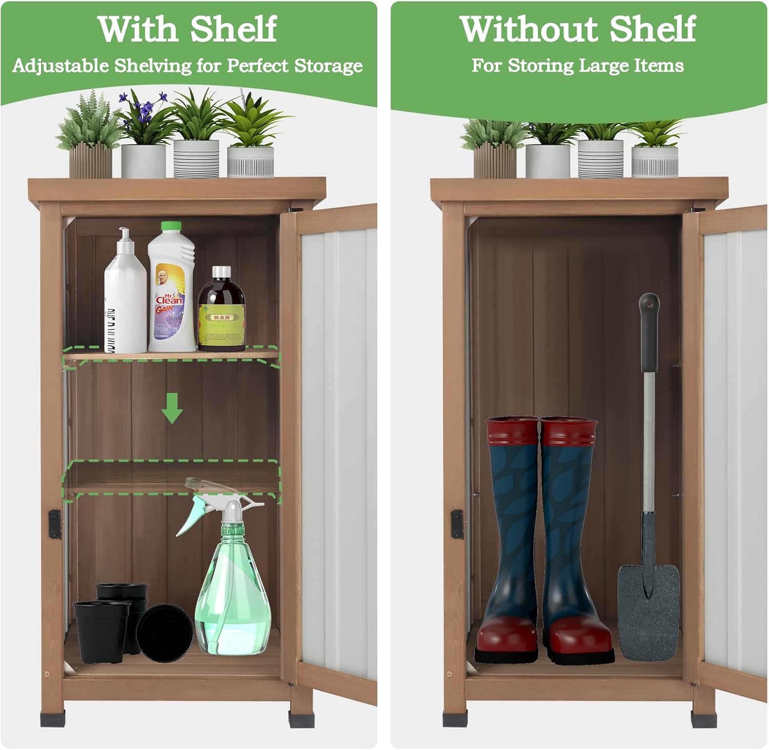 Outdoor Storage Cabinet Waterproof with Metal Top, Wooden Potting Bench Table Tool Organizer with Adjustable Shelf for Patio Backyard Garden