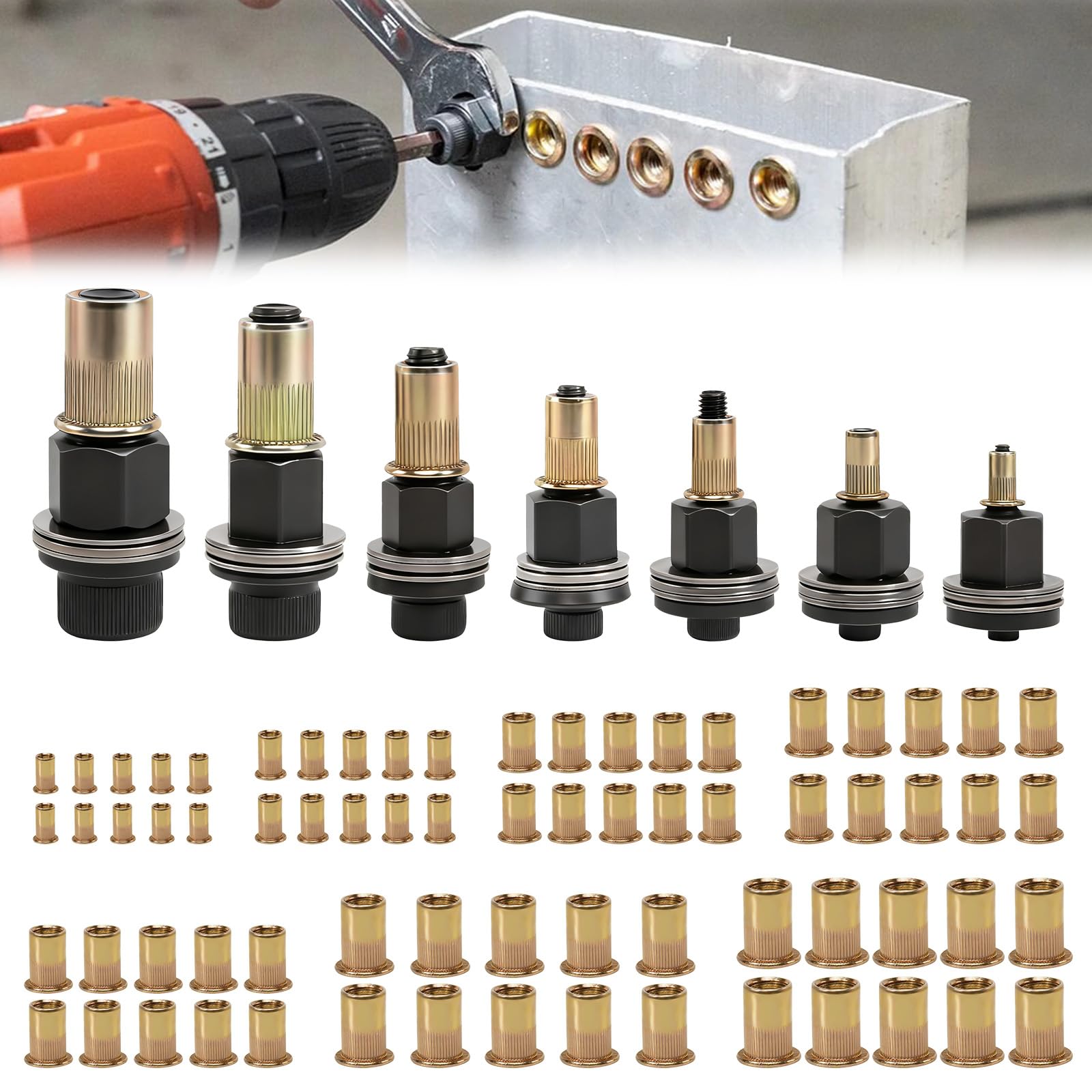 VUTYNKO 7 PCS Rivet Nut Pliers Set, Rivet Pliers Rivet Nuts Set with 70 Nuts, Insertion Nuts Hand Rivet Set for M3 M4 M5 M6 M8 M10 M12 Rivet Nut Tool and Manual Riveting Machine