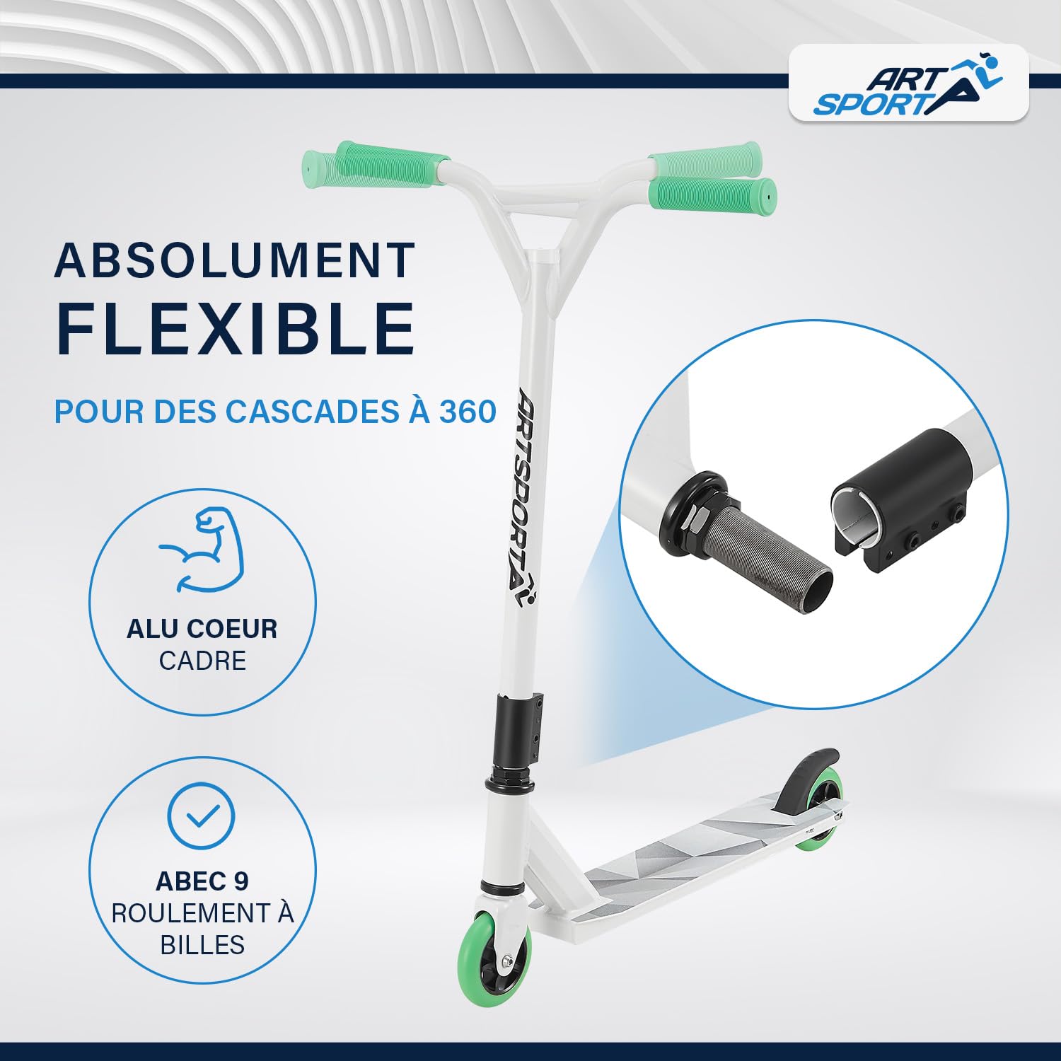 ArtSport Trottinette Freestyle avec Guidon à 360°, roulement à Billes ABEC 9, Roues en PU de 100 mm et Bande antidérapante, patinette pour Enfants, Figures et Stunt