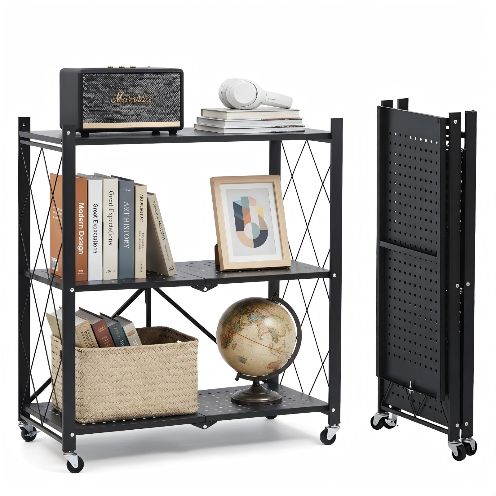 3 Tier Foldable Storage Shelves with Wheels, Metal Collapsible Organization Storage Rack, No Assembly Folding Bookshelf, Rolling Storage Rack for Kitchen, Bedroom, Pantry, Garage, Display, Black