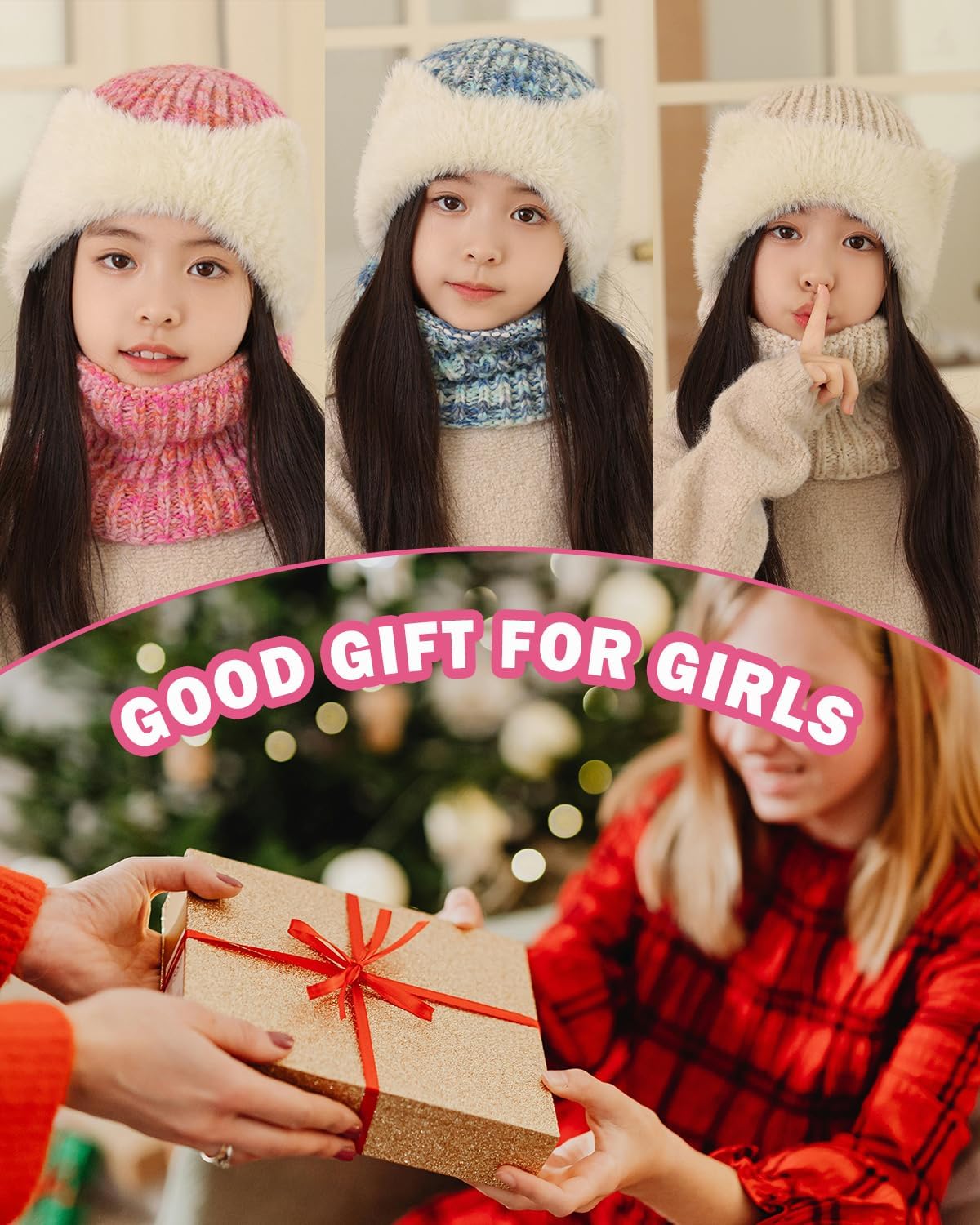 Girls Winter Hat and Scarf Set Kids Knitted Hat with Cat Ears Beanie Cuff Fleece Lined Neck Warmer Gaiter for Ages 5-12 - Image 6