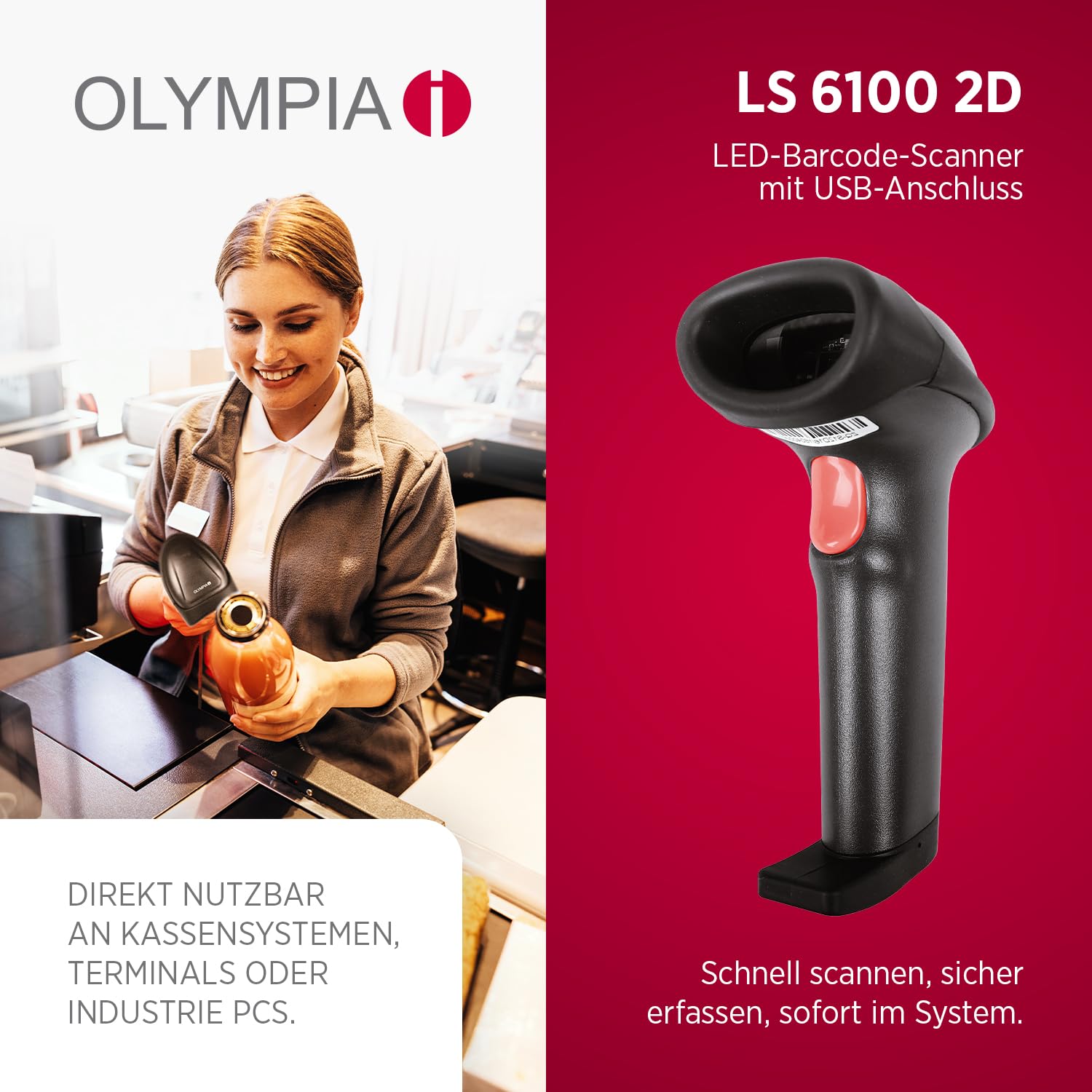 Olympia LS 6100 2D LED Barcode Scanner | Hochpräziser Handscanner mit USB | Schnelles Scannen von 1D & 2D Codes | Robuster Barcode-Scanner für Handel, POS & Industrie | Scannen in jeder Umgebung