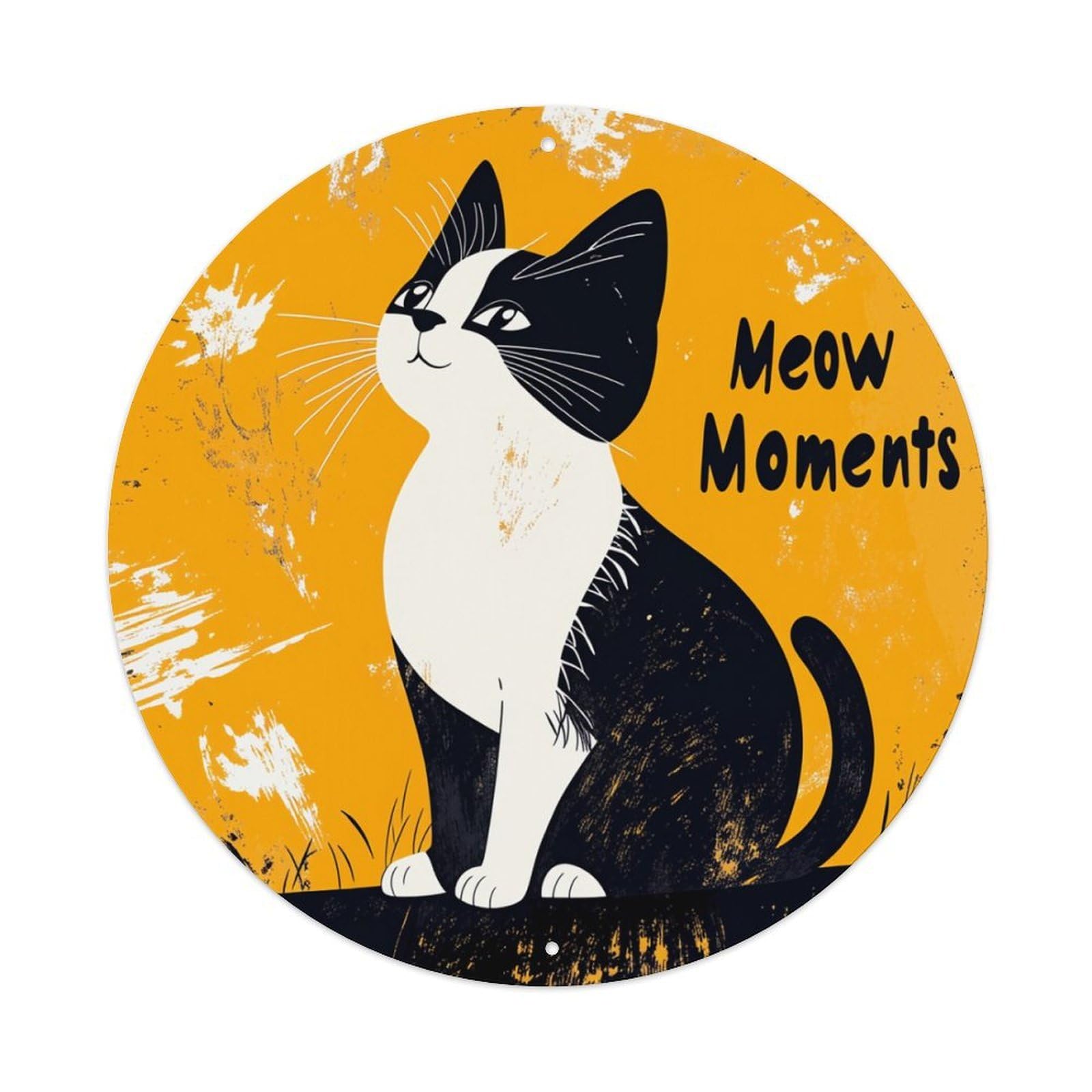 Cat Sitting On Grass With Leaves Round Tin Sign Retro Metal Sign for Cafe Bar Pub Home Game Room Gym Club Wall Decoration Vintage Metal Poster 8x8 Inch