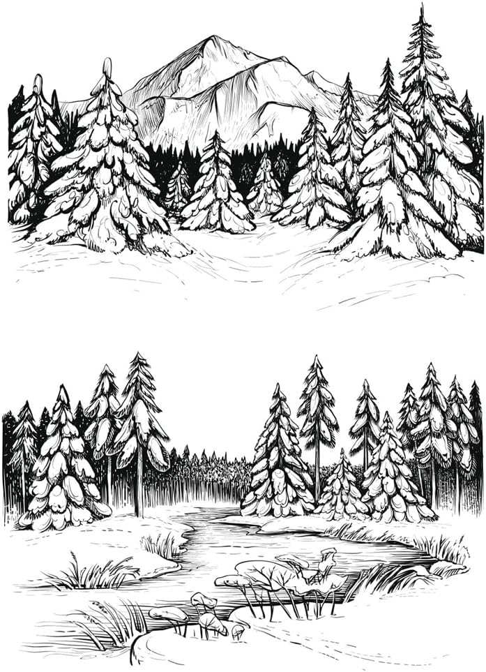 Mountain River Trees Clear Stamps for Card Making Scrapbooking Crafting DIY Decorations, Background Winter Christmas Rubber Stamps Transparent Silicone Seal for Embossing Album Crafts
