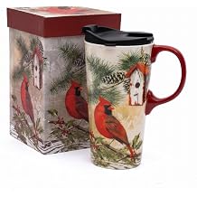 Topadorn 17oz Ceramic Travel Mug with Lid, Cardinal Bird Coffee Cup