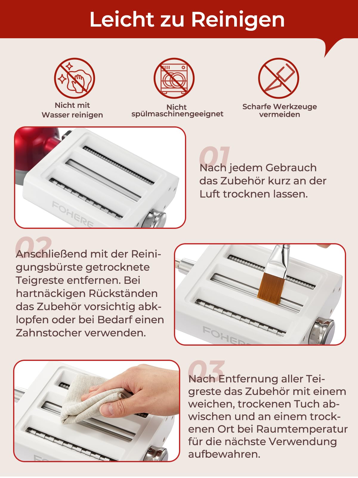 FOHERE 3-in-1 Nudelaufsatz Zubehör für KitchenAid Küchenmaschine, Pasta Maker Aufsatz Mit Nudelblattroller, Fettuccineschneider, Spaghettischneider und Reinigungsbürste (7 Einstellbare Dicken)