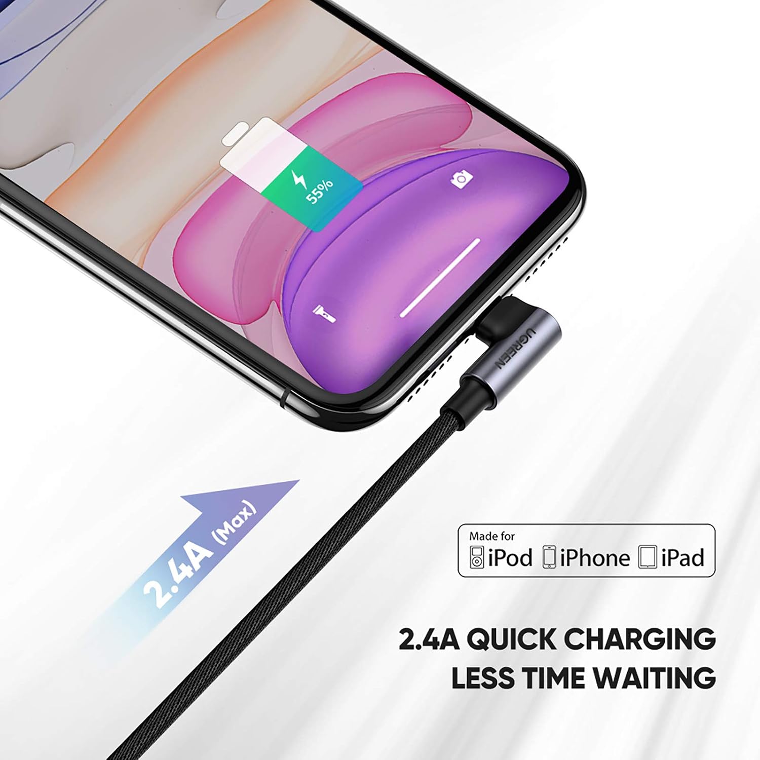 UGREEN MFi Certification Lightning Cable, Right Angle 3FT Lightning Cord, Phone Charger Cord Nylon Braided Compatible with iPhone 13/13 Pro/12/12 Pro/11/X/XS/8/7, iPad Pro, AirPods Pro Black