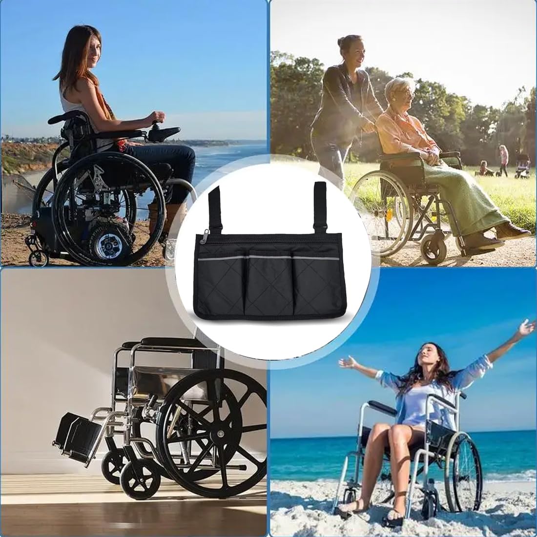 Sedie a rotelle, scooter disabili e accessori,Borsa portaoggetti per passeggino, striscia riflettente, borsa portaoggetti laterale per bracciolo sedia a rotelle