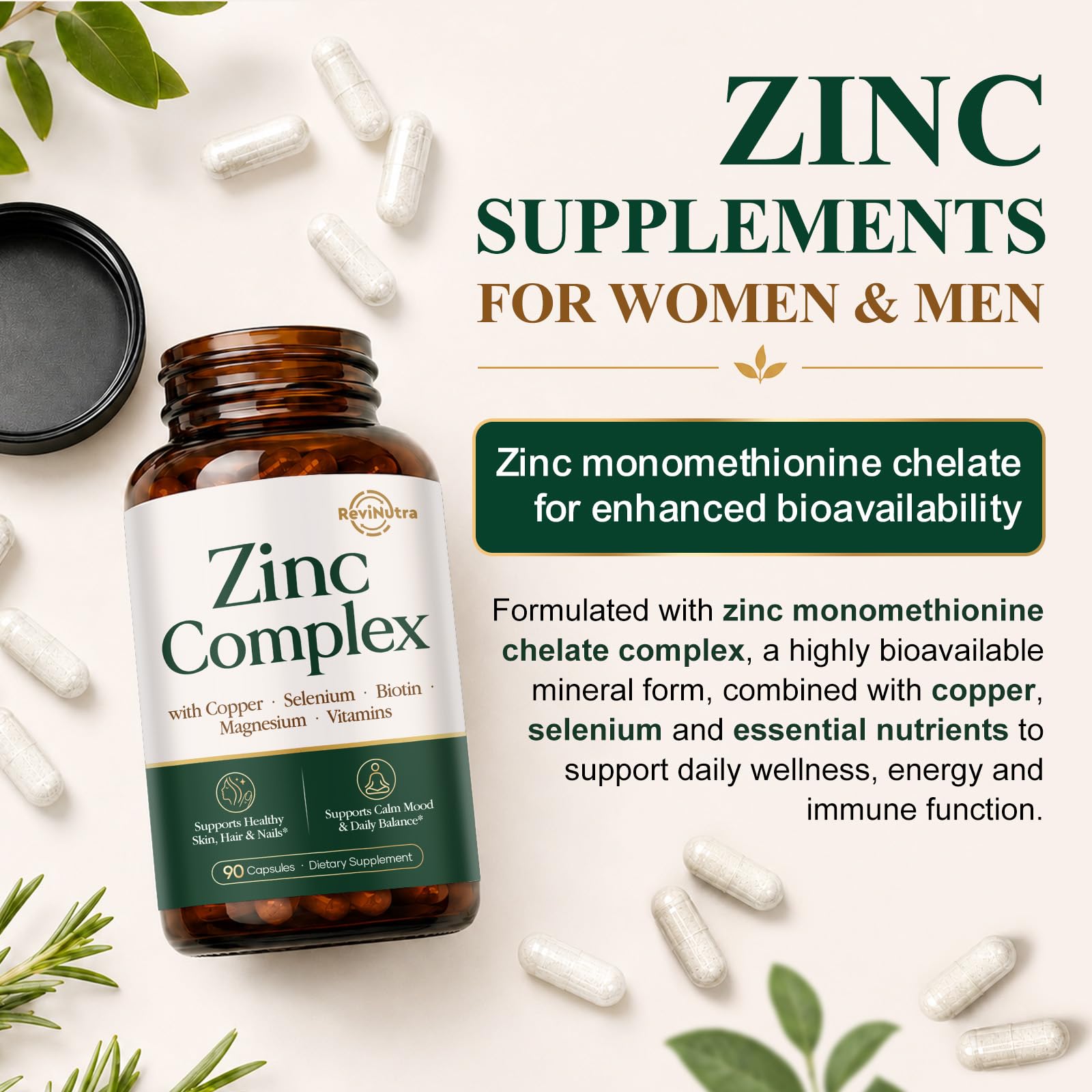 Zinc 30mg with Copper, Selenium, Magnesium, Vitamin C, D3, K2, B6, B12, Biotin & Folate - Chelated Zinc Complex for Women & Men - Immune, Hair, Skin, Nails & Daily Wellness Support - 90 Capsules — Amazon image 5