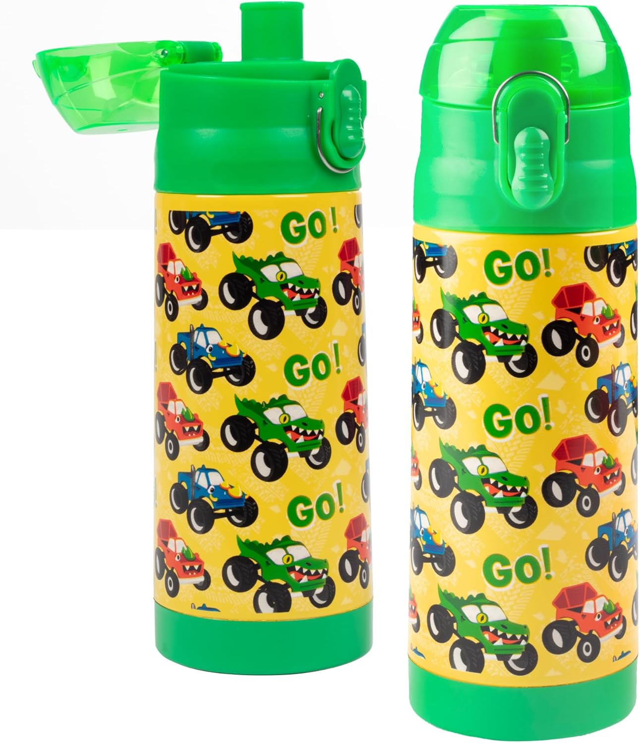 Bentology Stainless Steel 13 oz Reusable Water Bottle for Kids, Monster Truck-Double Wall Insulated, Spill Proof Lid w/Built-in Straw-Keep Liquids Hot or Cold For Hours-Fits in Lunch Boxes & Bags