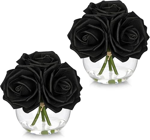 Hollyone 2Pcs Black Roses Artificial Flowers in Vase Small Silk Fake Black Roses Bouquet Flowers Floral Arrangements with Glass Vase with Faux Water for Home Bathroom Table Centerpiece Decorations