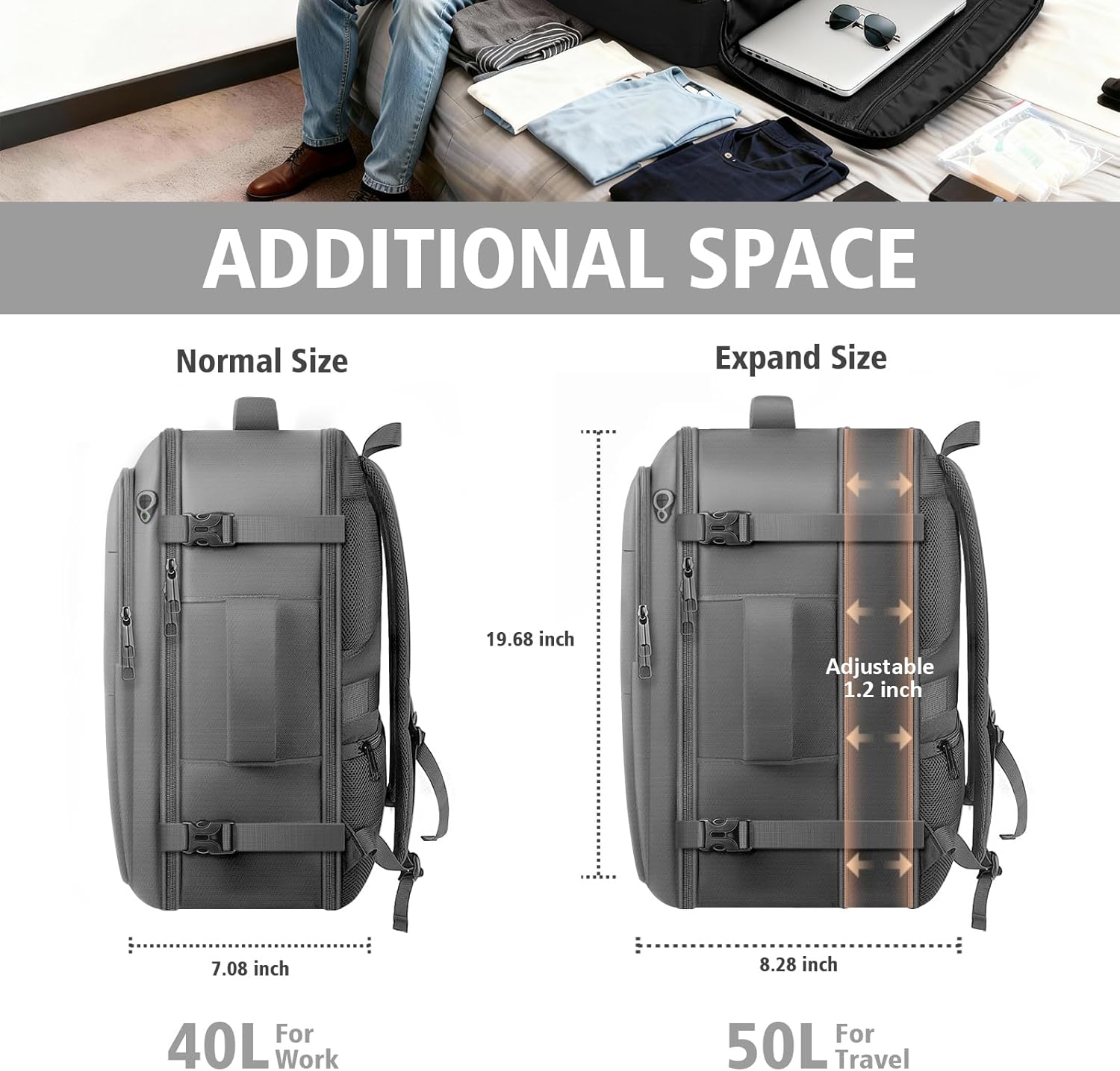 Travel Backpack, Extra Large 50L Flight Approved Carry on Backpack, Expandable Waterproof Business Suitcase Daypack Big Bag Fits 18.4 Inch Laptop, Grey - Image 4