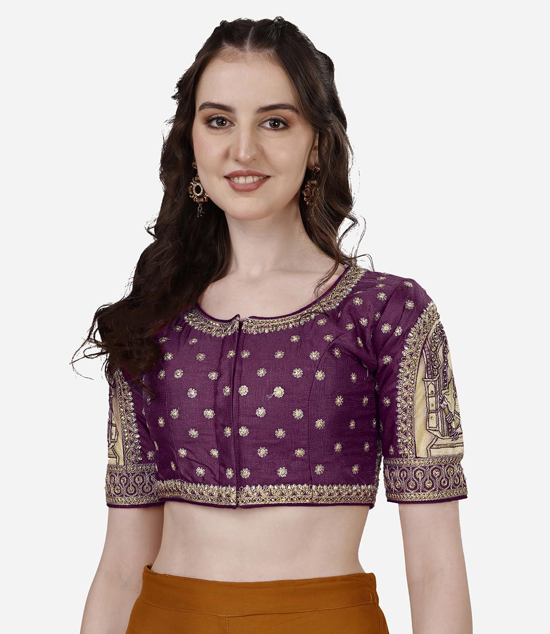 Pujia Mills Women's Heavy Embroidery Coding With Sequins And Diamond Work Half Sleeves Fancy Cutwork Readymade Saree Blouse.(Palace Wine_38)