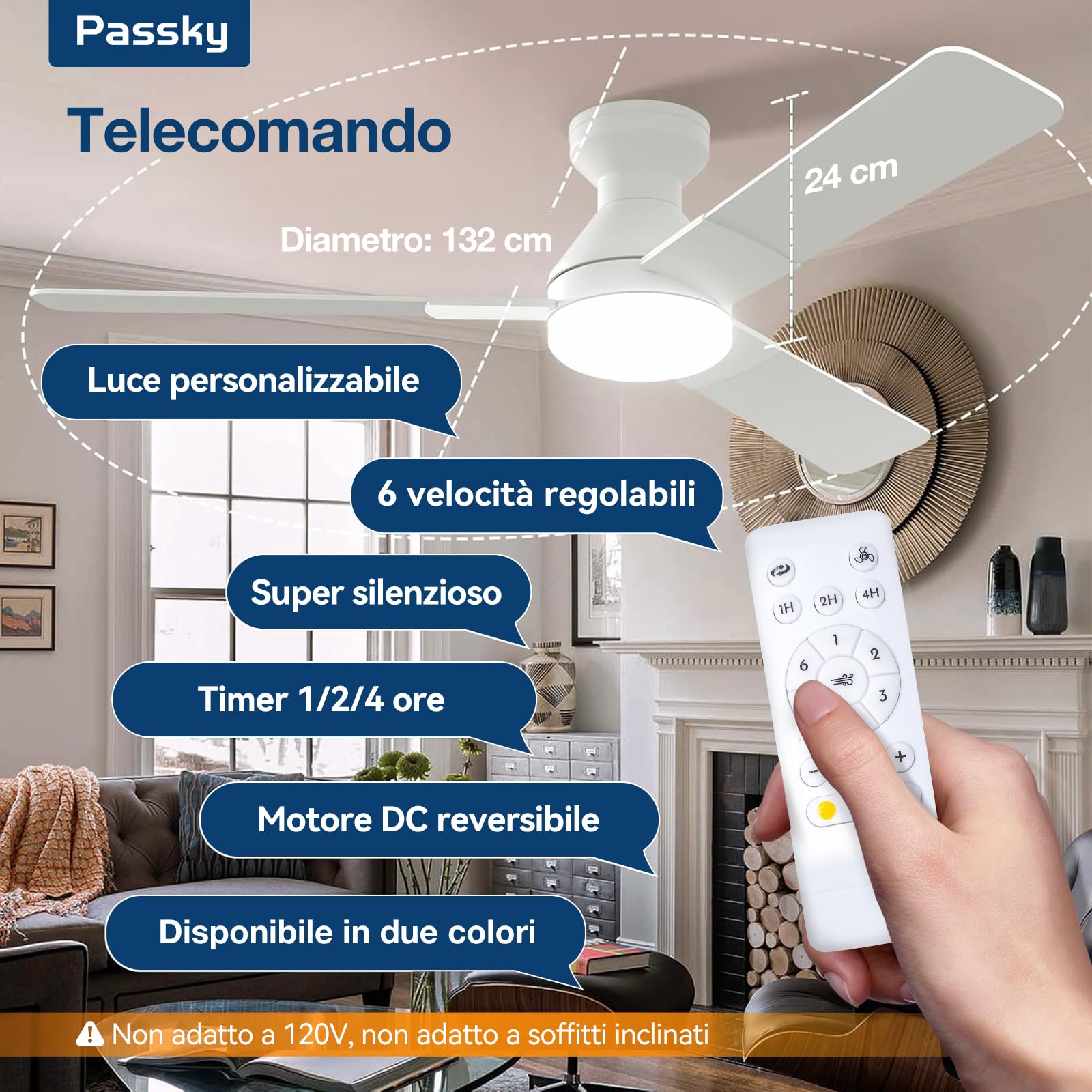 Passky Ventilatore da Soffitto con Luce 132cm Doppia Faccia Bianco