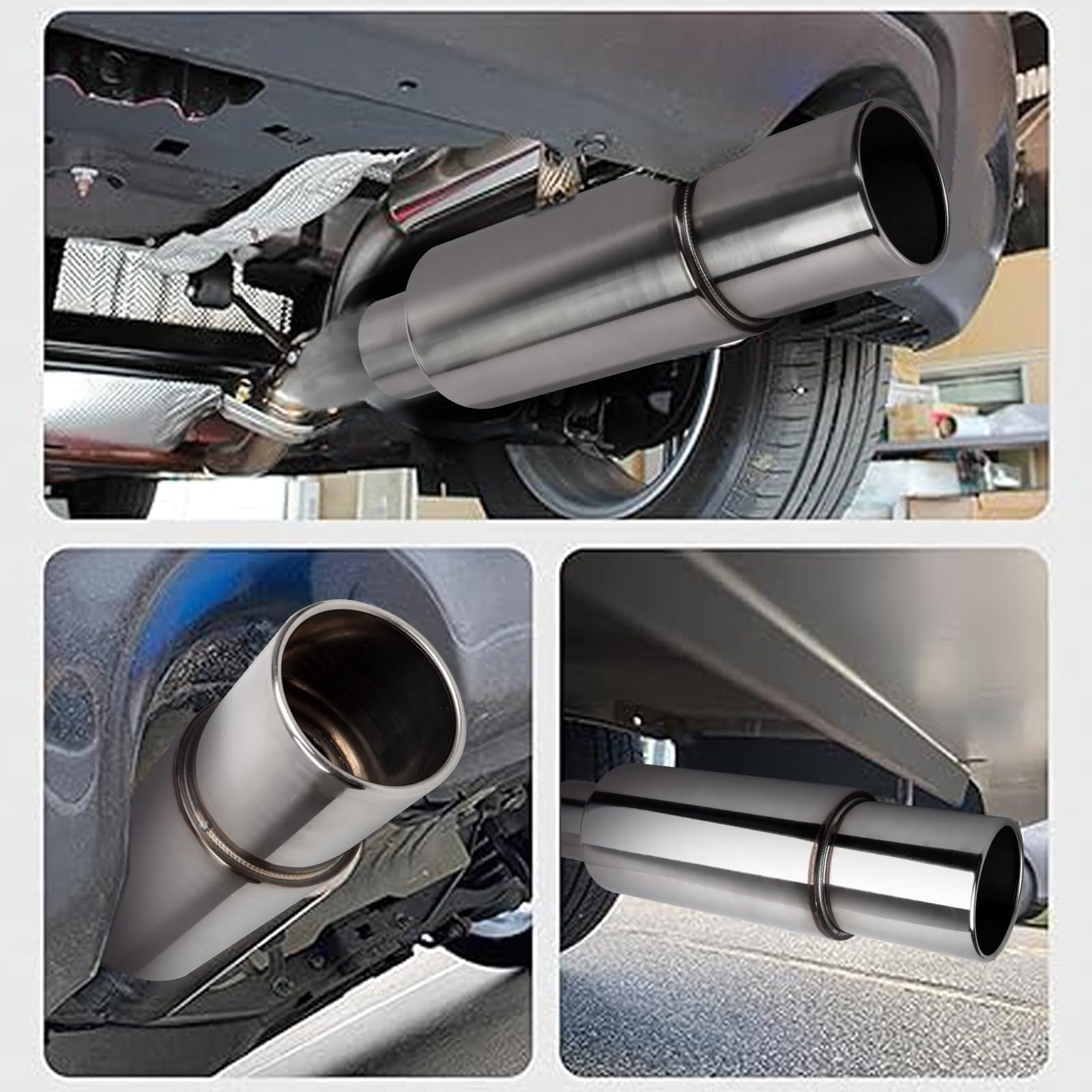 2,5"(63MM) Silenciador de Admisión y Escape Tubo de Silenciador | de la Caja Trasera de Escape de la Turbina del Automóvil Acero Inoxidable (Punta Plateada Recta Redonda)