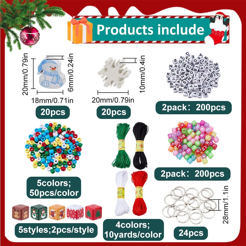 PLIGREAT 728 Pcs Christmas Bead Keychain Kit, DIY Key Chain Making Craft Adjustable Alphabet Bead Decorative Key Ring Acrylic Xmas Tree Square Beads for Party DIY Making Bag Charm Accessories