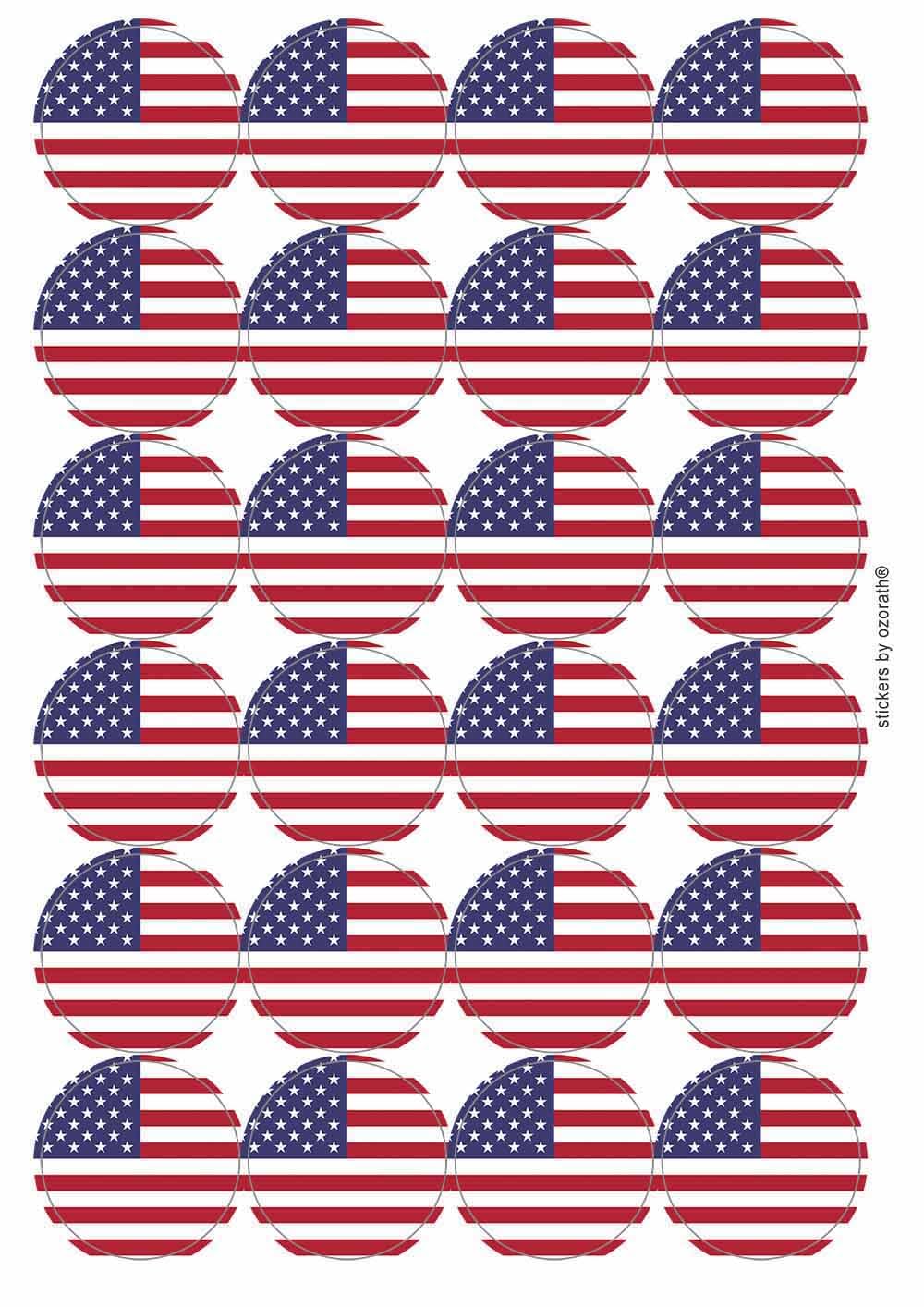 Ozorath Multicolor United States Of America Usa National Flag Circular Matt Paper Stickers A4 Sheet Of 24 (Each Sticker Is 45Mm Diameter)