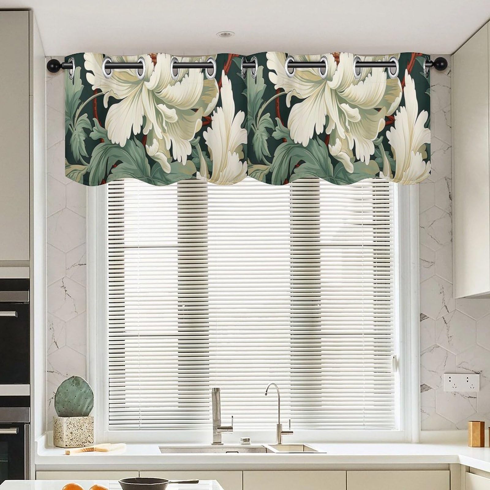 Cenefa Honshu en petirrojos florales de huevo, juego de dos cortinas cortas de 52x18