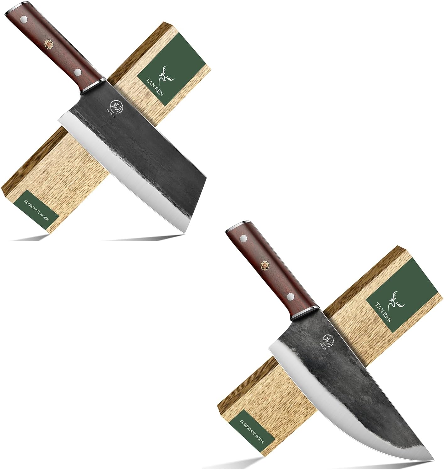 TAN REN 7.5 Inch Chinese Cleaver Knife and 8 Inch Butcher Knife for Meat Cutting, High Carbon Steel Boning Knife, Full Tang Meat Cleaver Knife for Home Kitchen