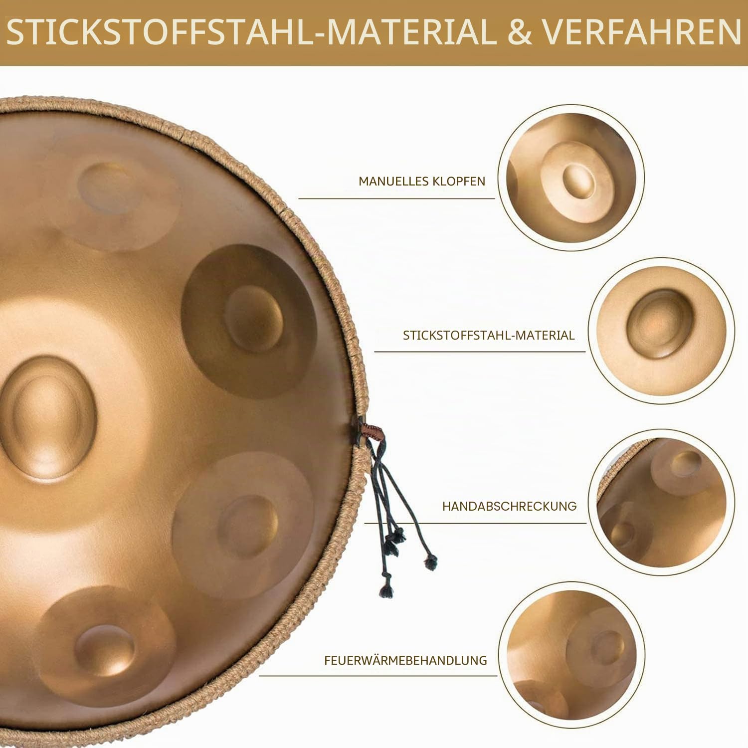 Golden Handpan Drum mit 9/10/12/14 Noten - 22 Zoll "Gold Performer" in d-Moll, weiche Hülle und strapazierfähiger Ständer