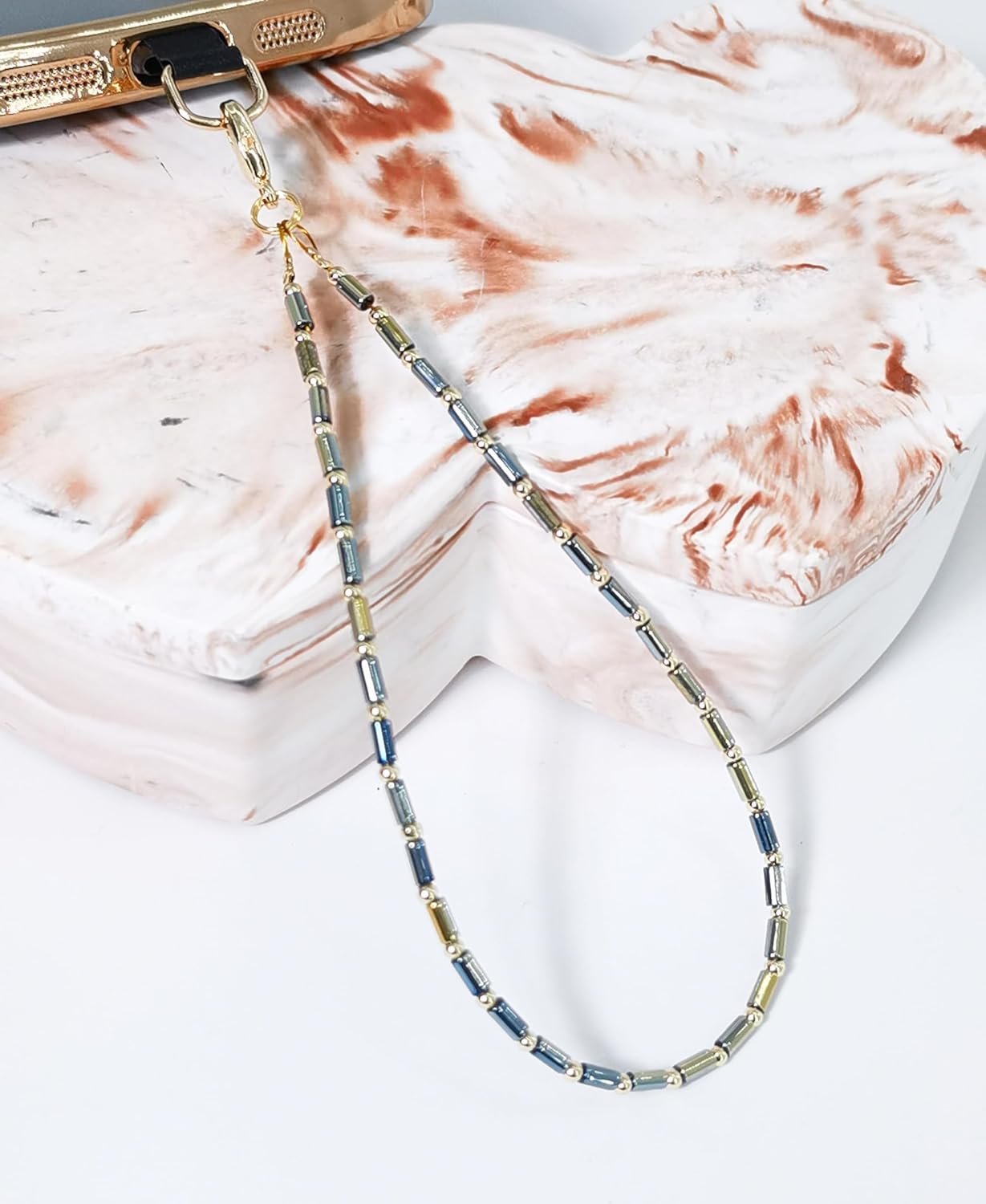 Cell Phone Charm Beaded Phone Charms Beaded Bracelet Hand Strap Tiny Beads Chains Wrist Lanyard Wristlet Cylinder Bead Charm (Gloss Blue/Gold) - Image 2