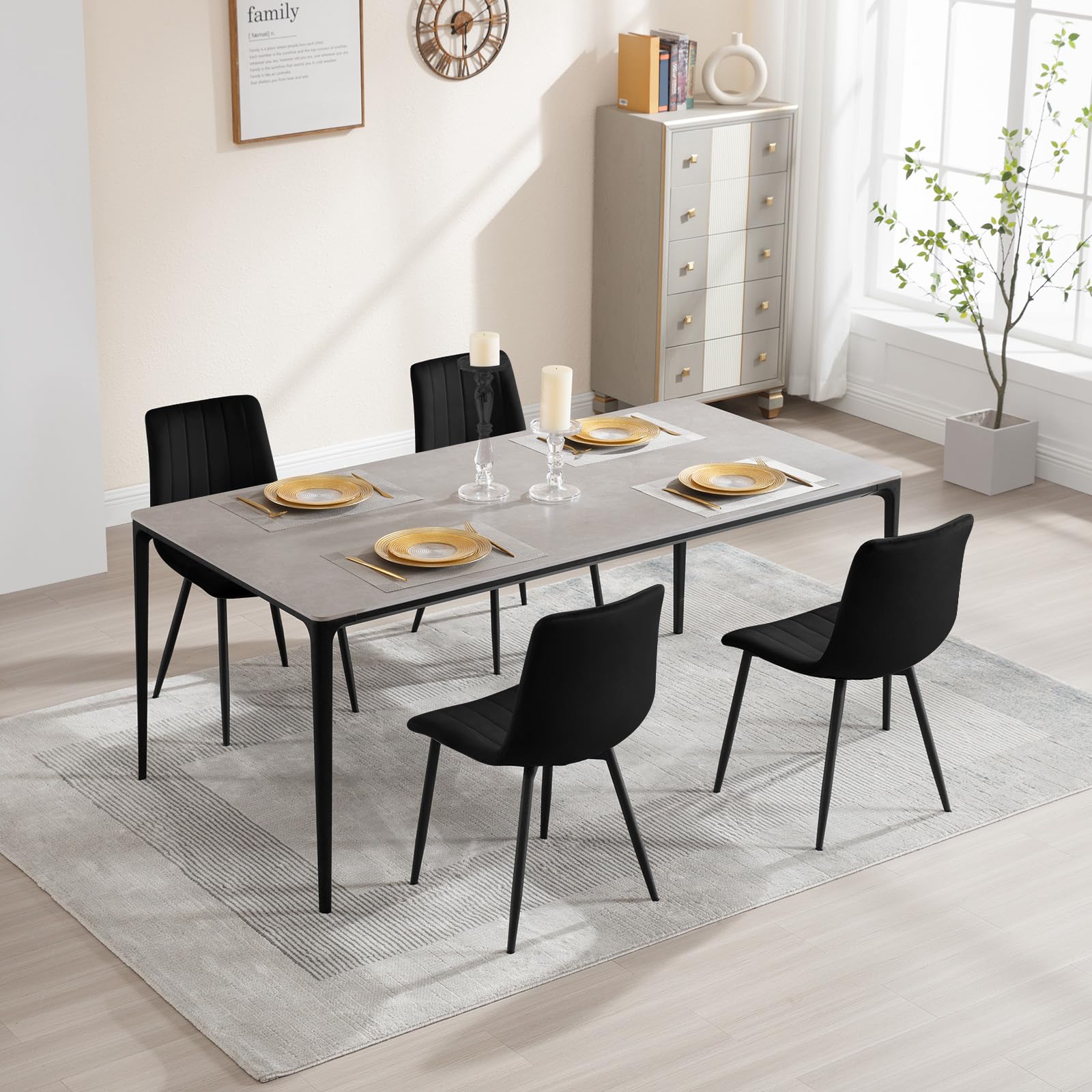 Chaises de Salle à Manger,Velours,Noir | Chaise Rembourrée avec Dossier, Pieds en Métal, sans Accoudoir, pour Salle à Manger, Salon et Chambre