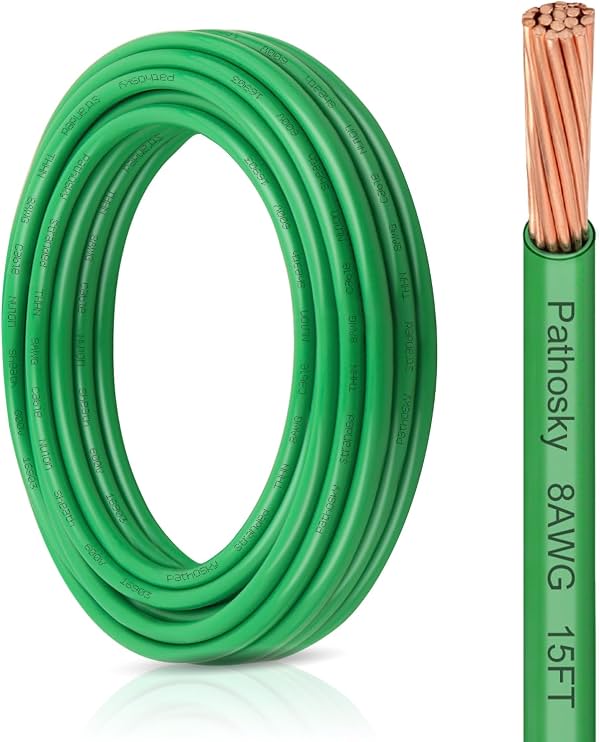 Cable THHN Calibre 8 15 pies Cobre Trenzado para Construcción Eléctrica 600V con Cubierta de Nylon y Aislamiento PVC, Resistente al Calor y Aceite, Cable de Puesta a Tierra Verde para Circuitos de Iluminación Interior y Exterior