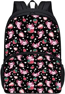 Parprinty Cartoon Strawberry Axolotl Backpack for Girls Durable Sturdy Lightweight 17
