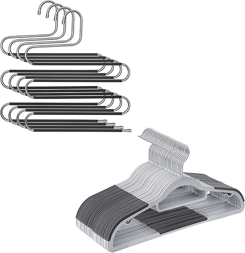 SONGMICS Paquete de 30 ganchos y 4 ganchos para pantalones en forma de S ganchos antideslizantes de metal y plástico ganchos para bufandas para