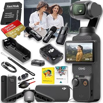 DJI Osmo Pocket 3 Creator, Vlogging Camera with 1 CMOS & 4K/120fps Video, 3-Axis Stabilization Bundle + Accessories Including a 64GB Extreme Memory Card + More DJI Osmo Pocket 3 Creator Bundle
