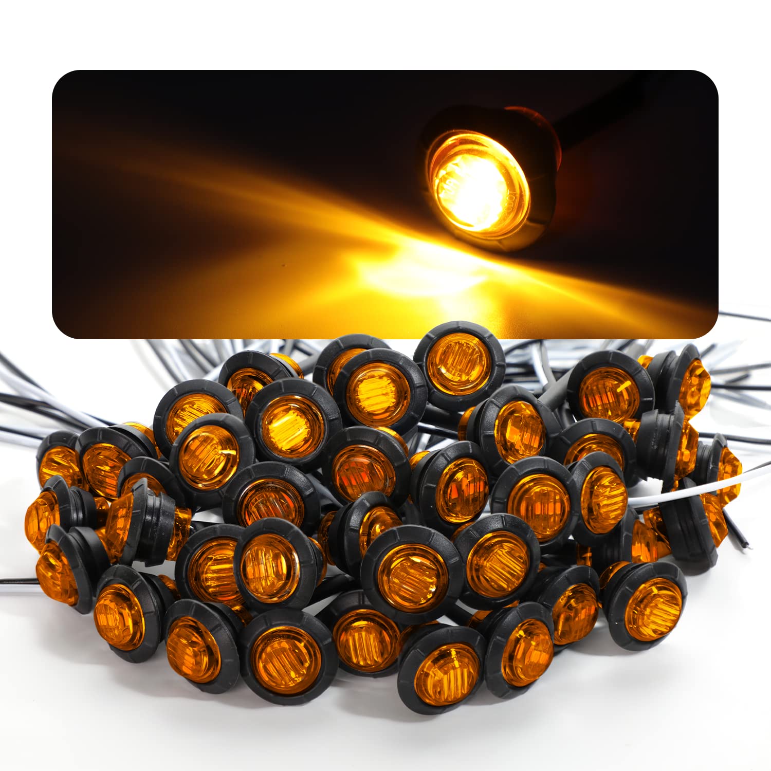 Meerkatt (Paquete de 50) 34 Mini redondo ámbar LED LED Indicador lateral de giro, luz de giro, lámpara de distancia, camión, remolque, autobús marino RV Automóviles de cama plana, impermeable 12 V