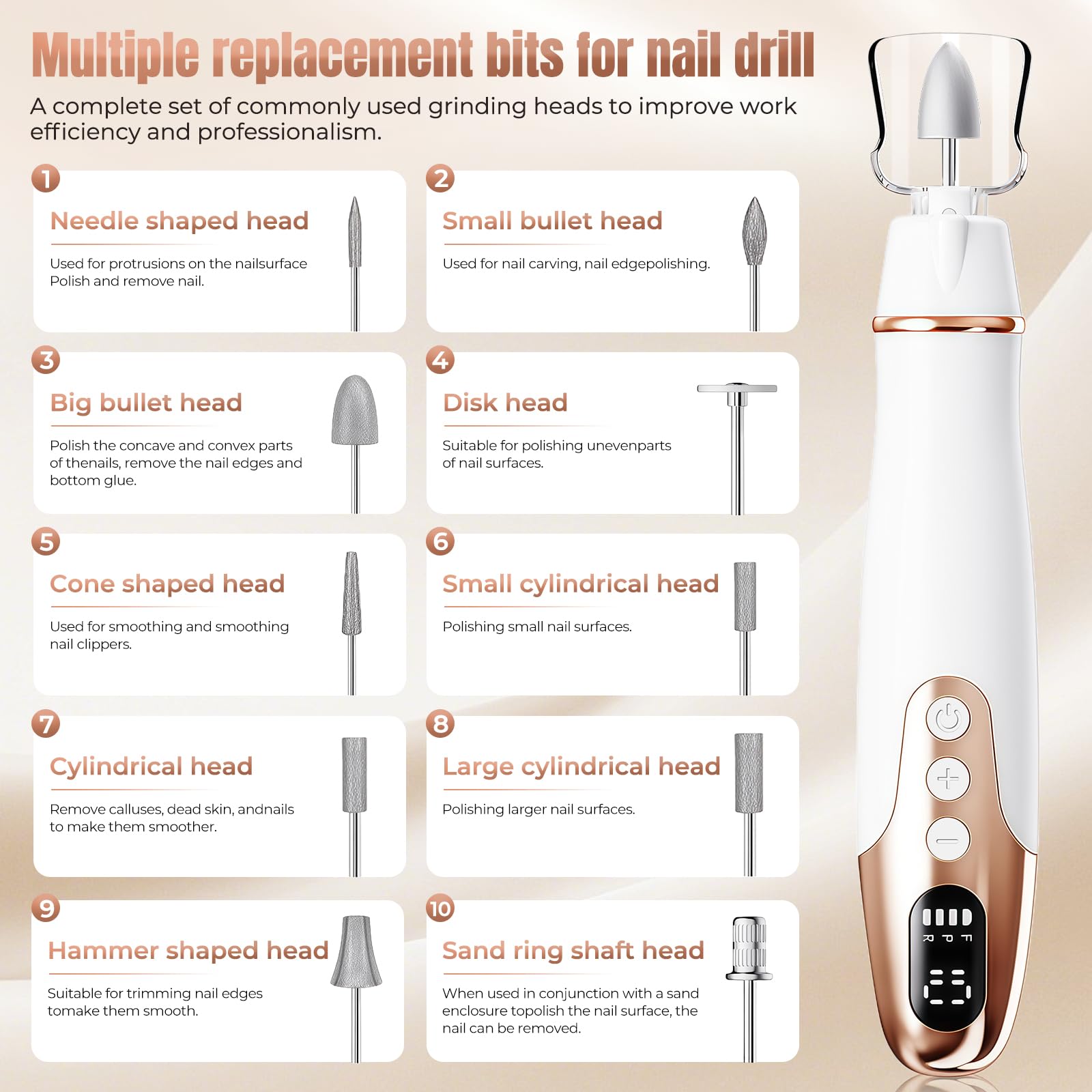 Fresa per Unghie Professionale 35000 Giri/Min – Lima Elettrica per Unghie Senza Fili con 10 Velocità, Luce LED e Display LCD, USB Ricaricabile – Set Manicure e Pedicure per Mani e Piedi